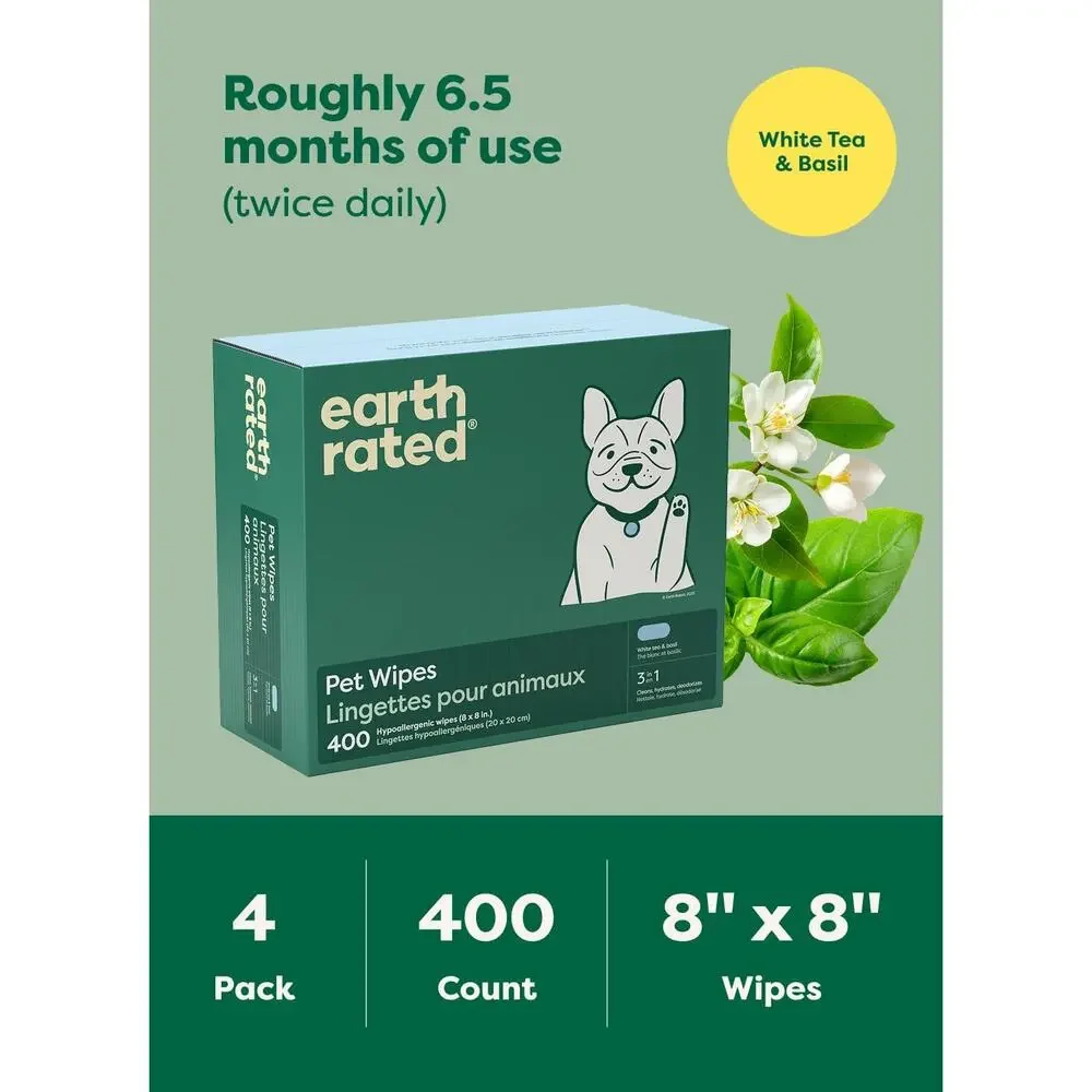 Earth Rated Pet Wipes, 3-in-1 Clean, Deodorize and Hydrate, White Tea Basil, 400